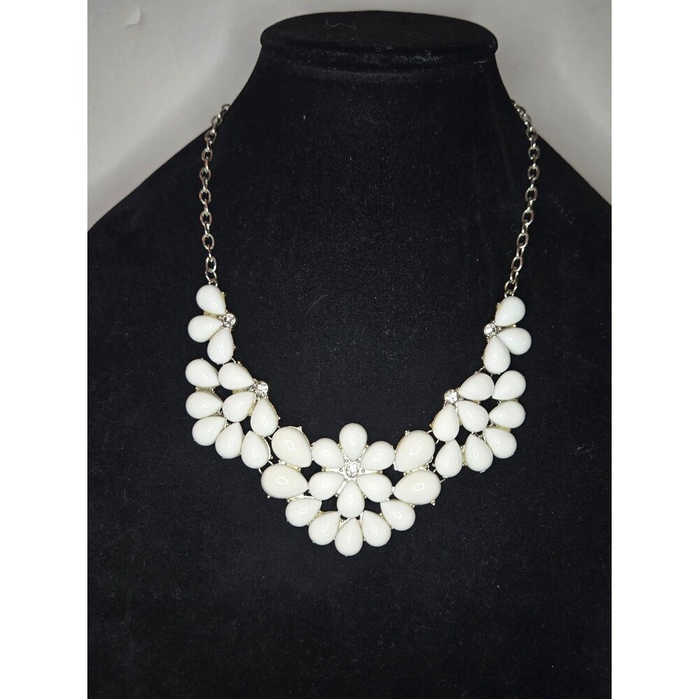 Silver Tone Necklace Statement with White Cabachons and Clear Rhinestones